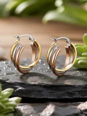 18K Gold Plated Stainless Steel Tri-Color Overlapping Triple Hoop Earrings